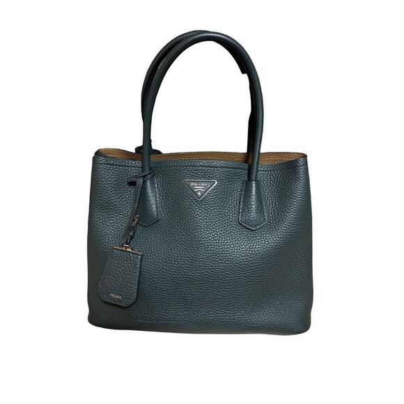 PRADA AUTHENTIC LEATHER VITELLO DAINO TOTE PURSE Dark Green DOUBLE HANDLE - Picture 1 of 16